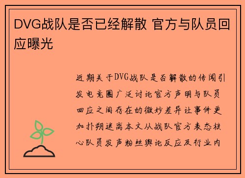 DVG战队是否已经解散 官方与队员回应曝光