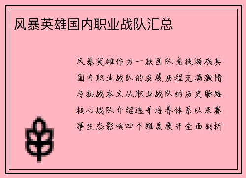 风暴英雄国内职业战队汇总