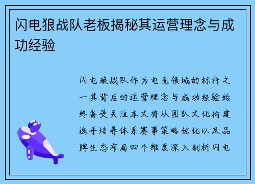闪电狼战队老板揭秘其运营理念与成功经验