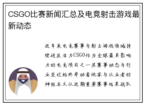 CSGO比赛新闻汇总及电竞射击游戏最新动态