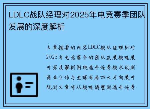 LDLC战队经理对2025年电竞赛季团队发展的深度解析