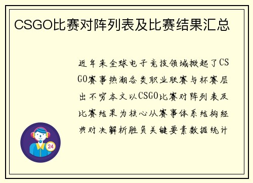 CSGO比赛对阵列表及比赛结果汇总